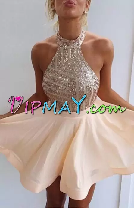 Amazing Champagne Chiffon Backless Hoco Dress Sleeveless Mini Length Beading