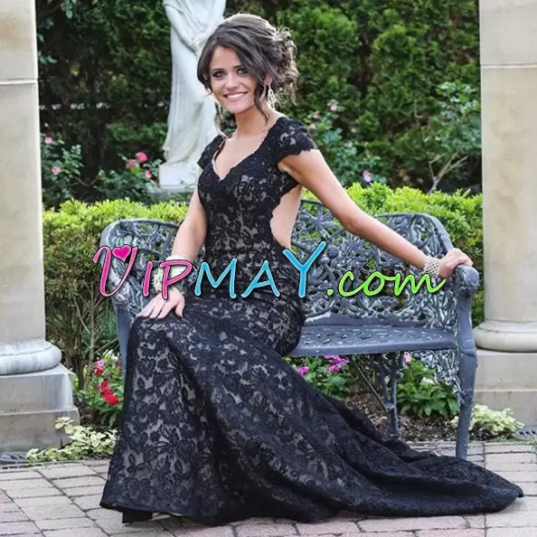 Black V-neck Backless Lace Homecoming Dress Court Train Cap Sleeves