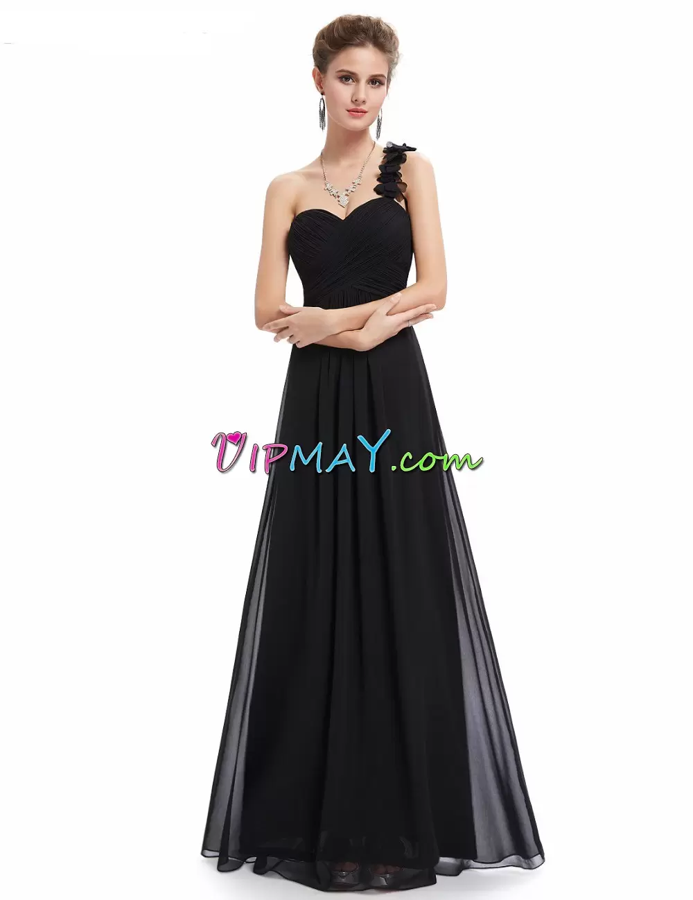 Traditional Black Sleeveless Floor Length Ruffles Zipper Homecoming Dress Online One Shoulder