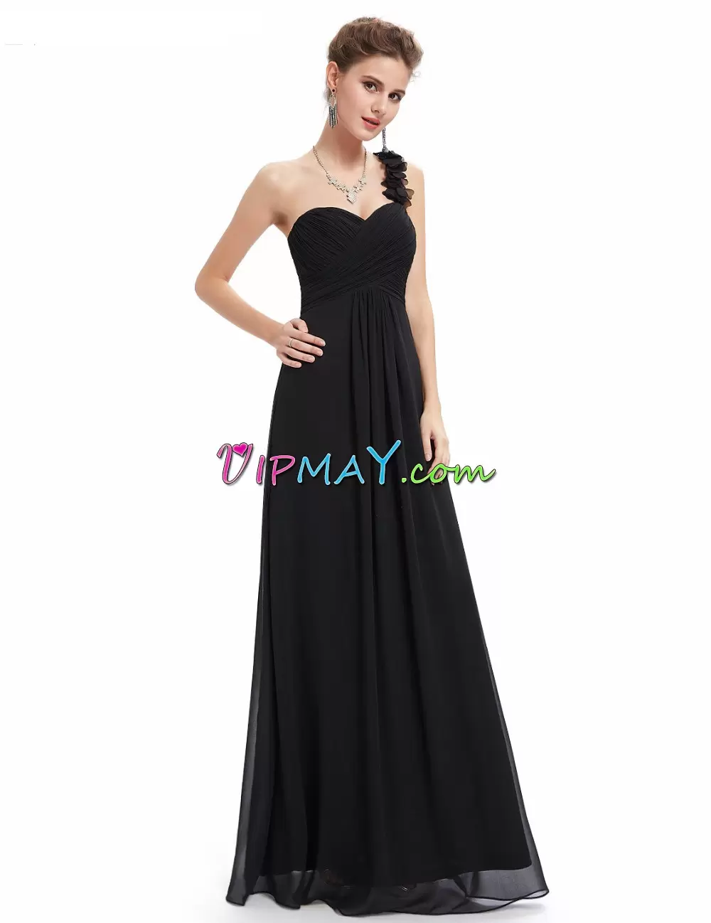 Traditional Black Sleeveless Floor Length Ruffles Zipper Homecoming Dress Online One Shoulder