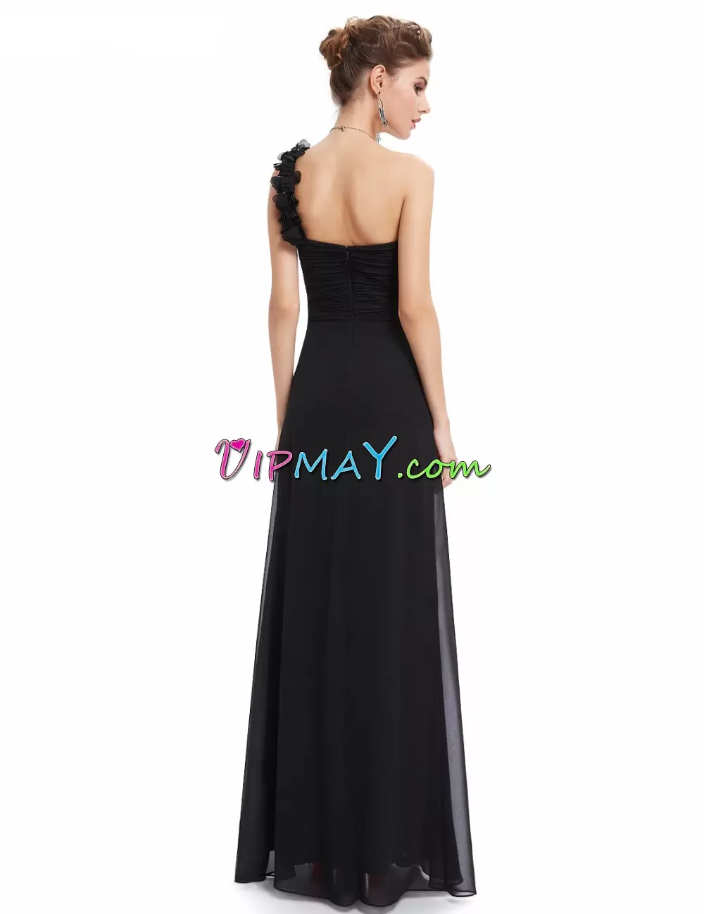 Traditional Black Sleeveless Floor Length Ruffles Zipper Homecoming Dress Online One Shoulder