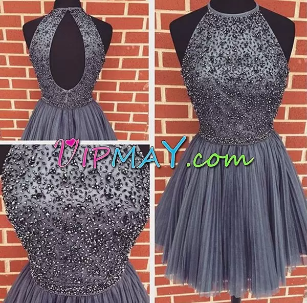 Designer Mini Length Grey Prom Homecoming Dress Chiffon and Tulle Sleeveless Beading