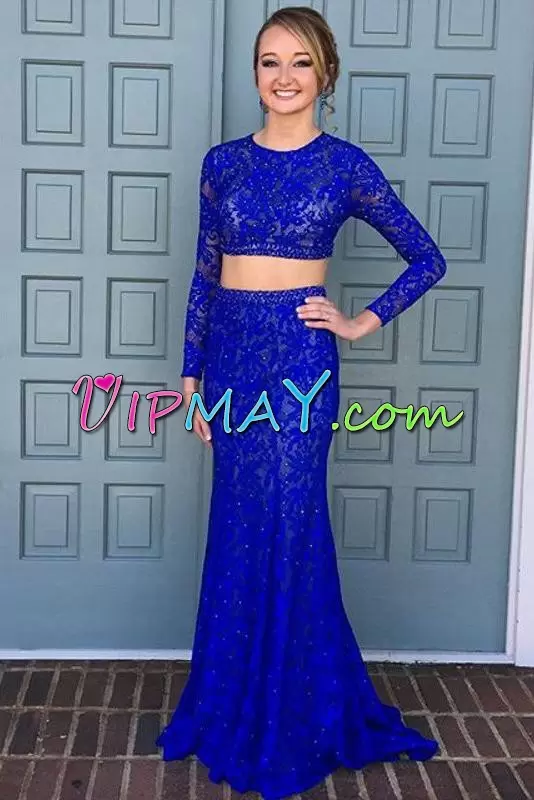 Beading Prom Gown Royal Blue Backless Long Sleeves Floor Length