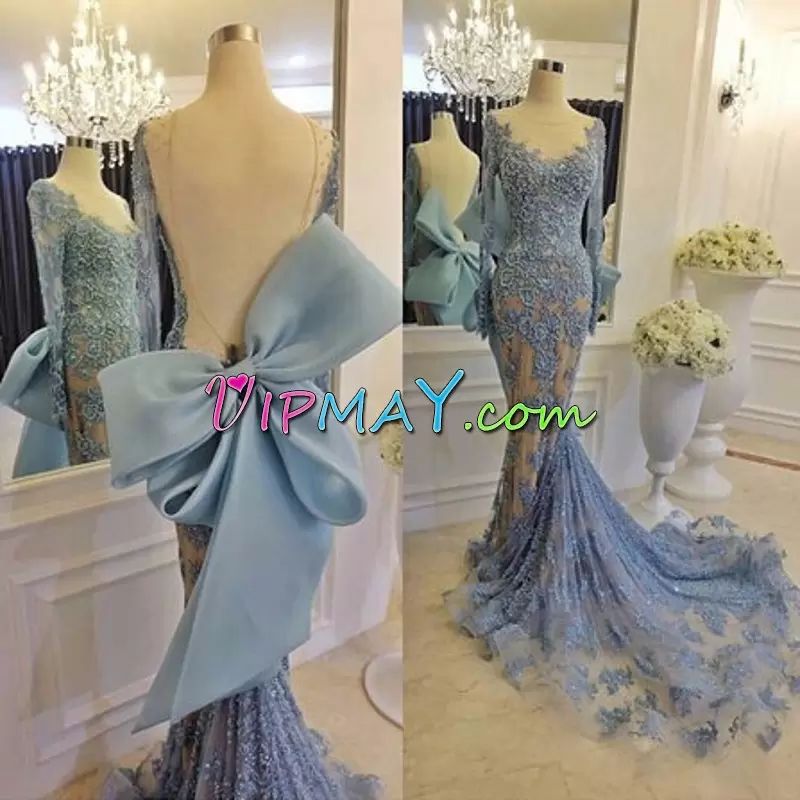 Gorgeous Scoop Long Sleeves Lace Homecoming Gowns Bowknot Brush Train Backless