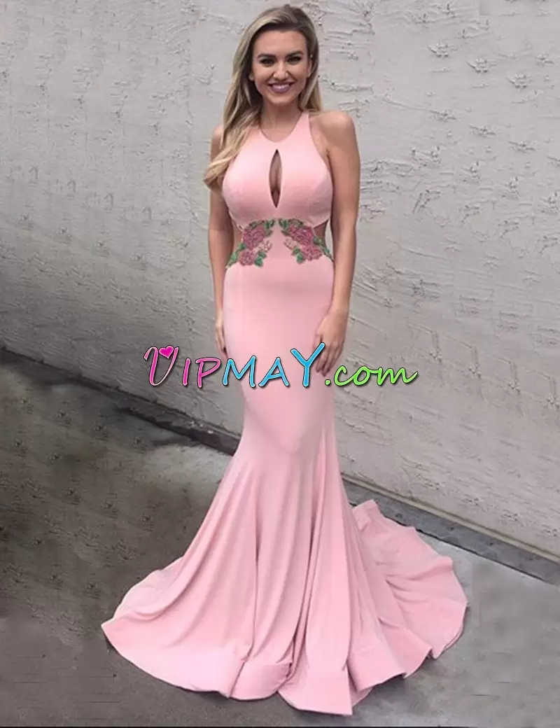 Halter Top Sleeveless Brush Train Backless Evening Party Dresses Pink Elastic Woven Satin Appliques