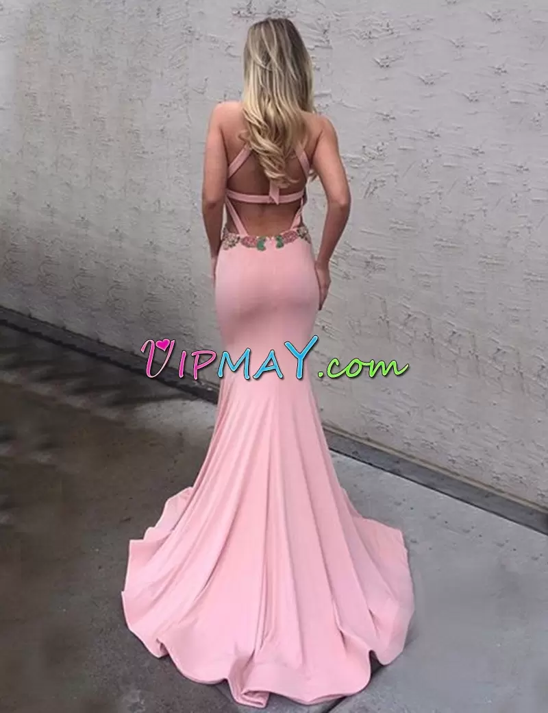 Halter Top Sleeveless Brush Train Backless Evening Party Dresses Pink Elastic Woven Satin Appliques