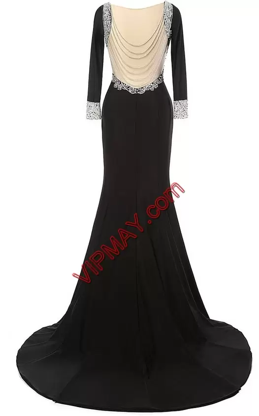Dynamic Mermaid Long Sleeves Black Dress for Prom Brush Train Backless