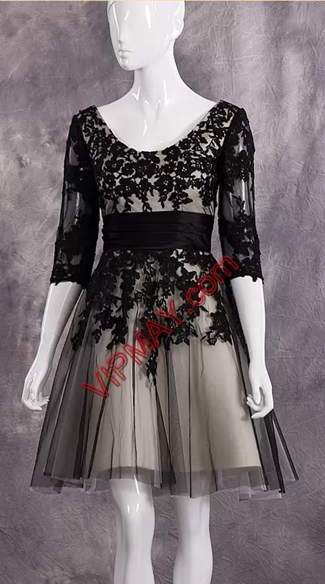 Vintage Black Lace Up Scoop Appliques Prom Evening Gown Tulle Half Sleeves