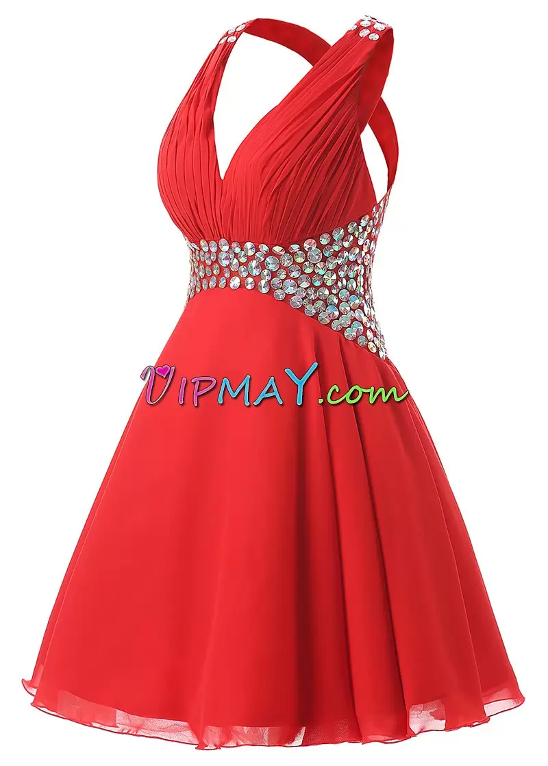 New Arrival V-neck Sleeveless Chiffon Homecoming Dress Beading Criss Cross