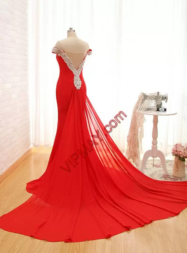 Best Sleeveless Beading Side Zipper Prom Party Dress with Red Sweep Train