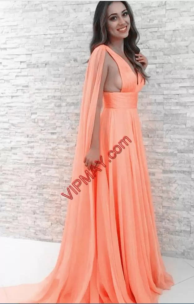 Orange Zipper Prom Gown Ruching Sleeveless Chapel Train