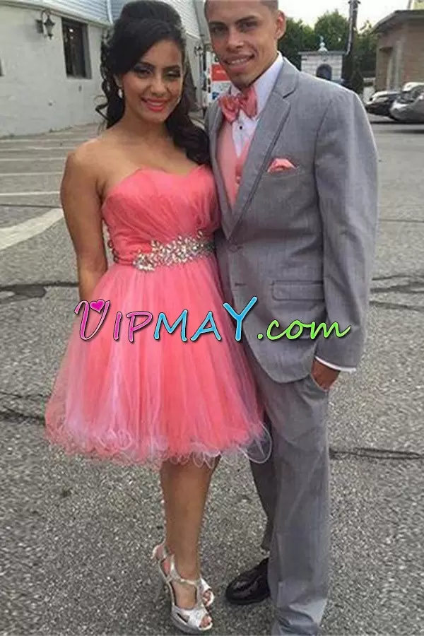 Comfortable Sleeveless Tulle Mini Length Lace Up Prom Gown in Red and Watermelon Red with Beading