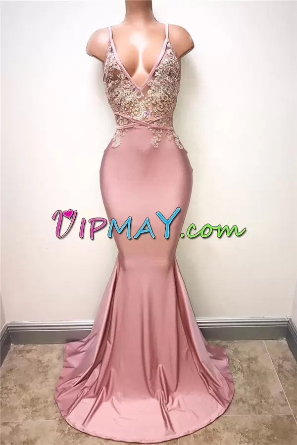 Unique Pink Mermaid V-neck Sleeveless Lace Prom Party Dress Brush Train
