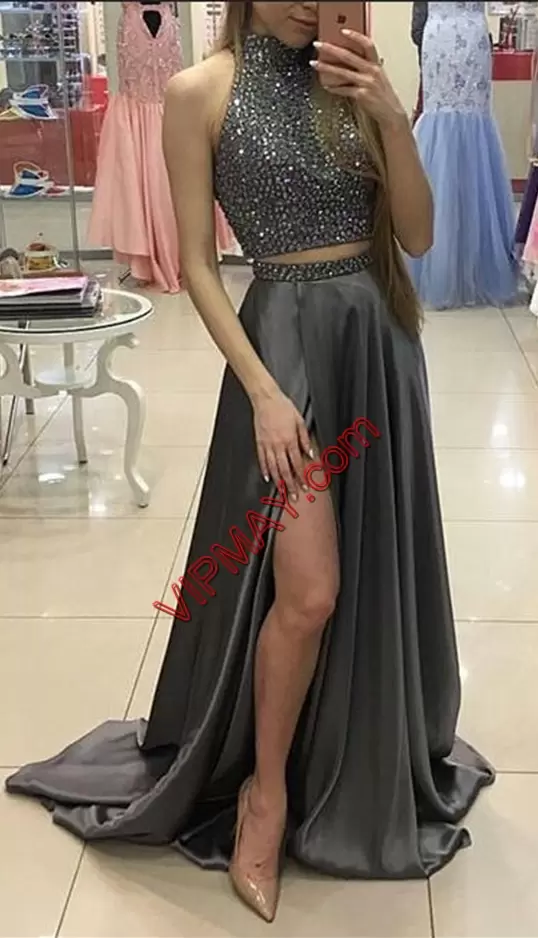 gray prom dress,silver prom dress,gray evening dress,silver evening dress,halter top prom dress,illusion prom dress,two piece prom dress,2 pieces prom dress,beaded bodice two piece prom dress,halter top illusion prom dress,detachable prom dress,beaded prom dress,high neckline prom dress,prom dress with short train,
