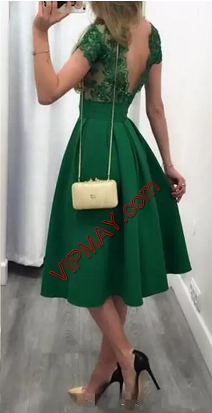 Enchanting Tea Length Backless Junior Homecoming Dress Dark Green for Prom with Lace