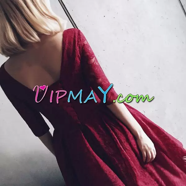 Cheap Burgundy V-neck Lace Prom Party Dress Half Sleeves