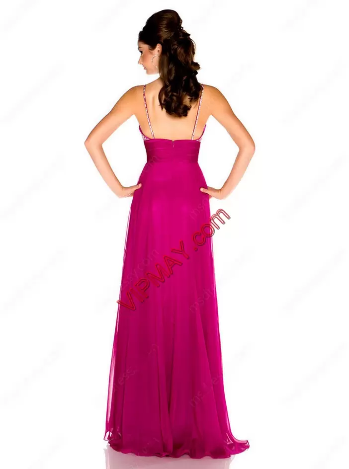 Great Fuchsia V-neck Zipper Beading Prom Gown Sweep Train Sleeveless