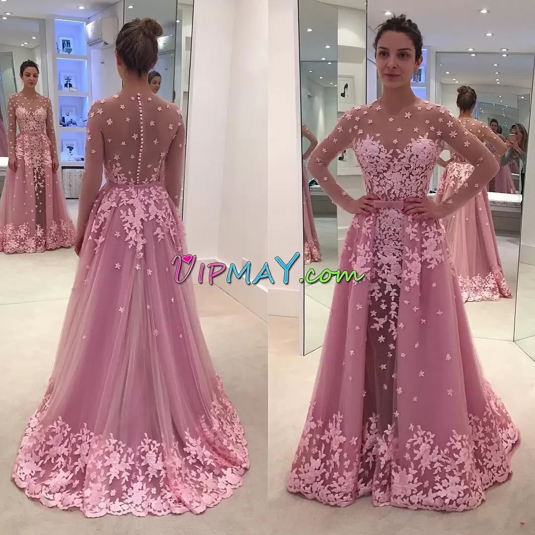 Amazing Tulle Long Sleeves Floor Length Homecoming Dress and Appliques