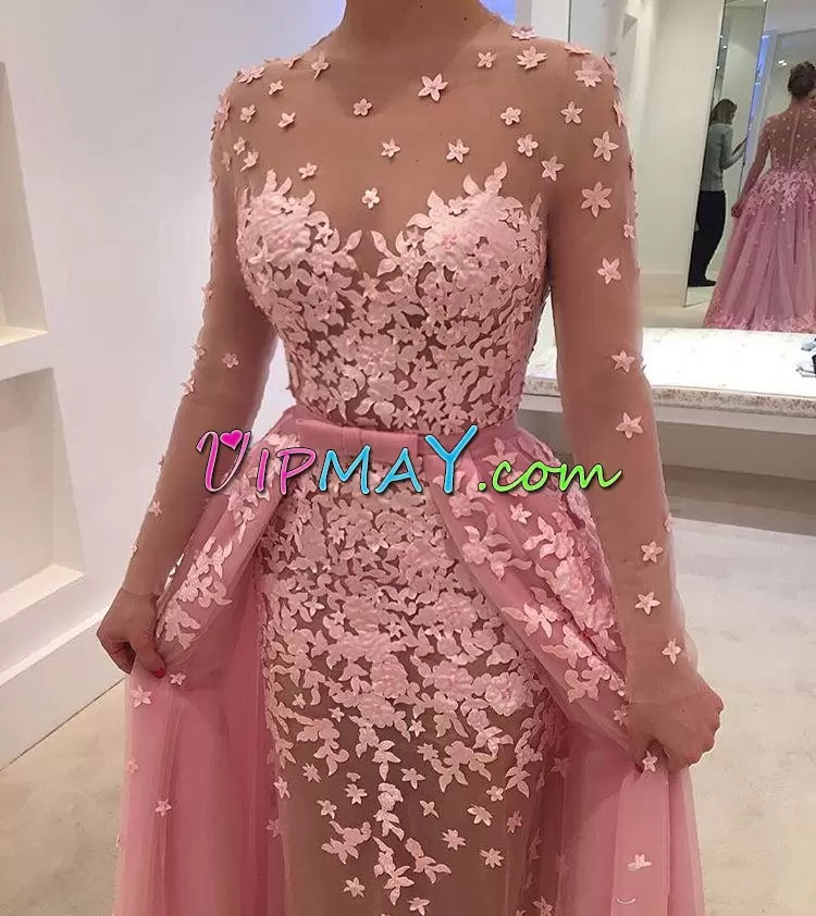 Amazing Tulle Long Sleeves Floor Length Homecoming Dress and Appliques