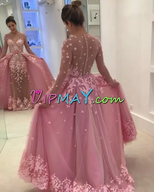 Amazing Tulle Long Sleeves Floor Length Homecoming Dress and Appliques