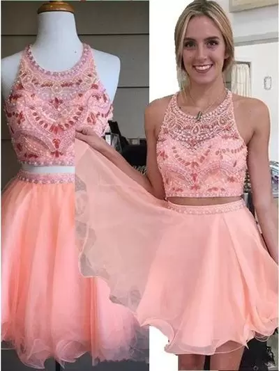 Captivating Pink and Peach Two Pieces Tulle Scoop Sleeveless Beading Mini Length Homecoming Dress