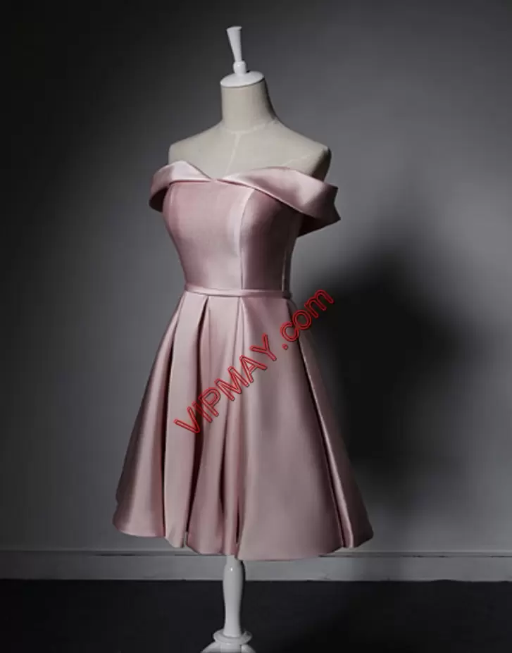 Sleeveless Satin Mini Length Lace Up Homecoming Dresses in Pink with Ruching