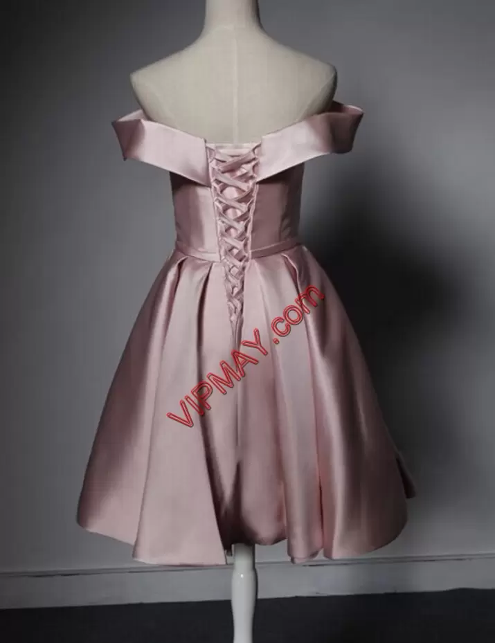 Sleeveless Satin Mini Length Lace Up Homecoming Dresses in Pink with Ruching