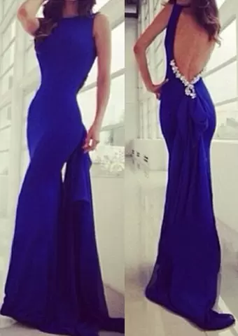 Royal Blue Sleeveless Satin Backless for Prom and Party and Military Ball and Beach and Wedding Party