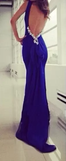 Royal Blue Sleeveless Satin Backless for Prom and Party and Military Ball and Beach and Wedding Party