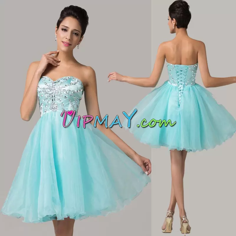 Adorable Knee Length A-line Sleeveless Baby Blue Homecoming Gowns Lace Up