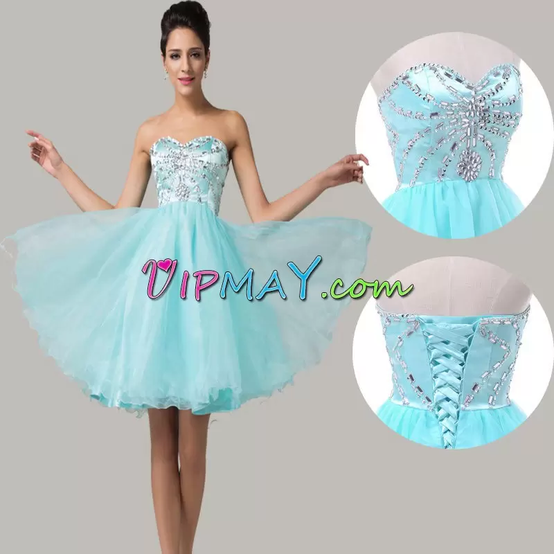 Adorable Knee Length A-line Sleeveless Baby Blue Homecoming Gowns Lace Up