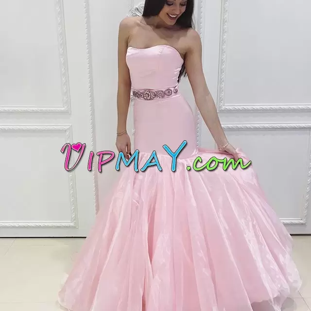 Pink Strapless Neckline Belt Sleeveless Lace Up Prom Dress