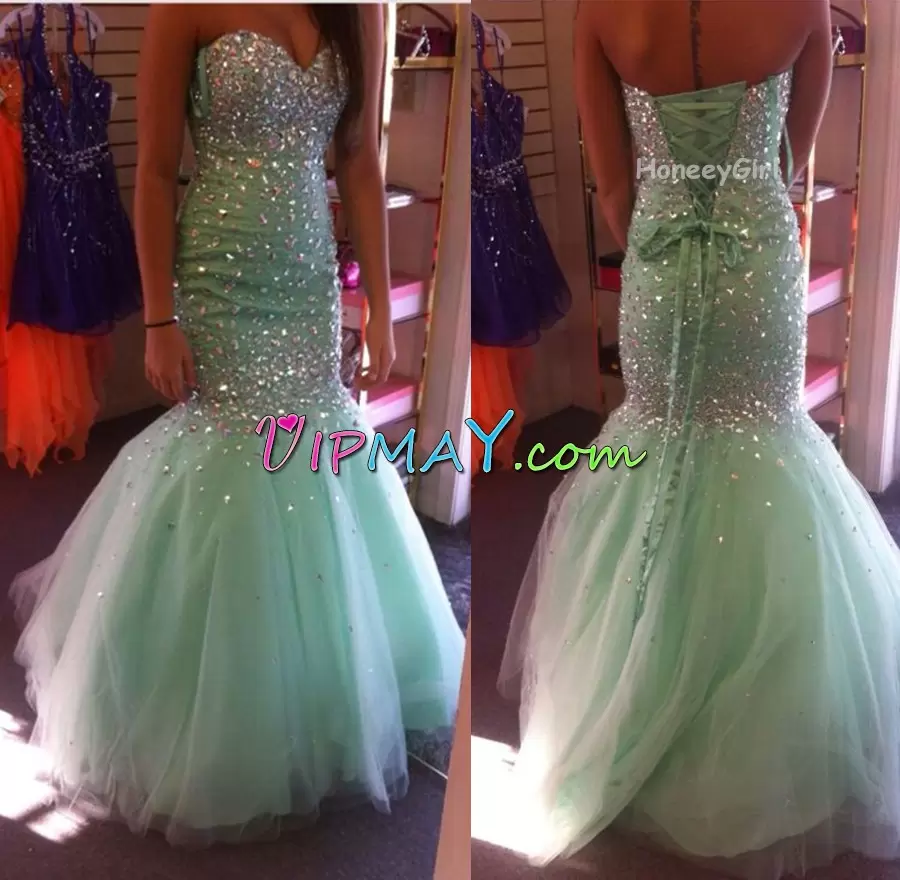 Enchanting Floor Length Lace Up Homecoming Dress Apple Green for Prom and Party and Military Ball with Beading