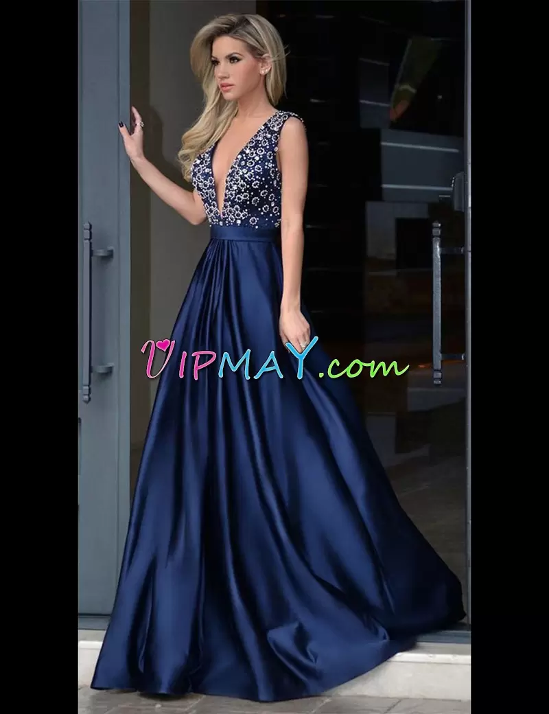 Wonderful Floor Length Backless Dress for Prom Blue for Prom and Party with Beading and Lace Sweep Train