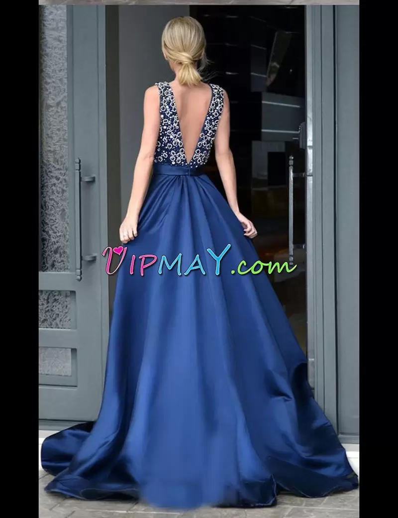 Wonderful Floor Length Backless Dress for Prom Blue for Prom and Party with Beading and Lace Sweep Train