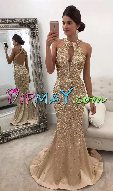 Eye-catching Yellow Mermaid Beading and Lace Prom Evening Gown Zipper Satin Sleeveless Floor Length