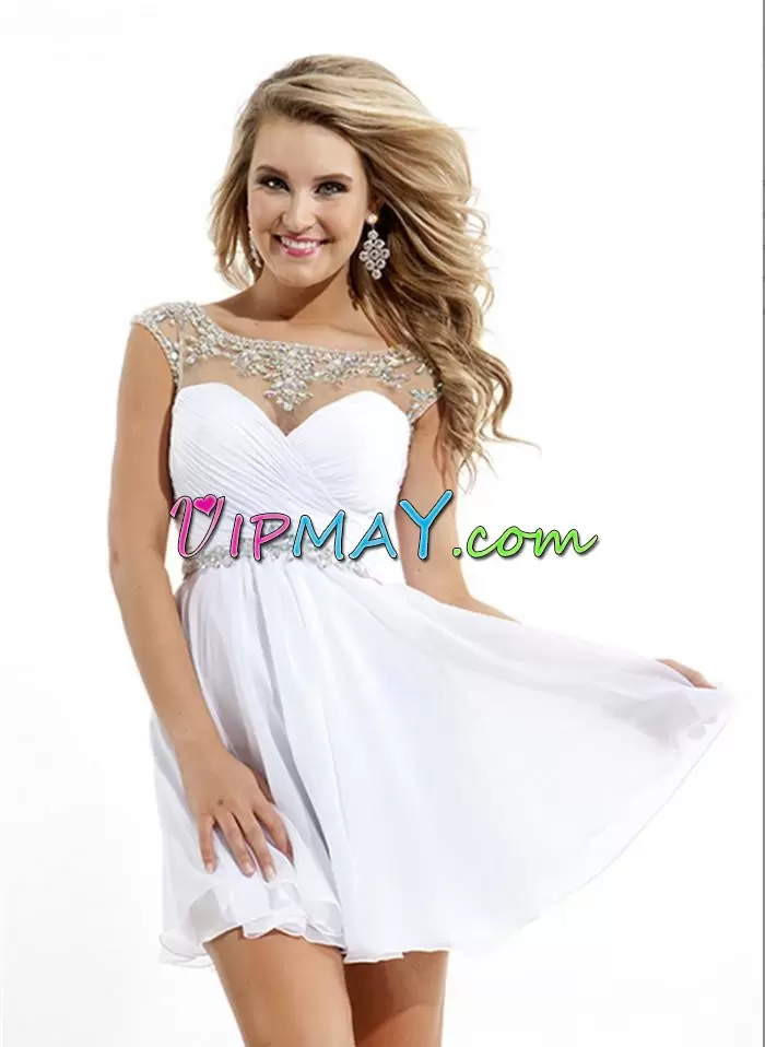 High Quality Sleeveless Chiffon Mini Length Backless Prom Evening Gown in White with Beading