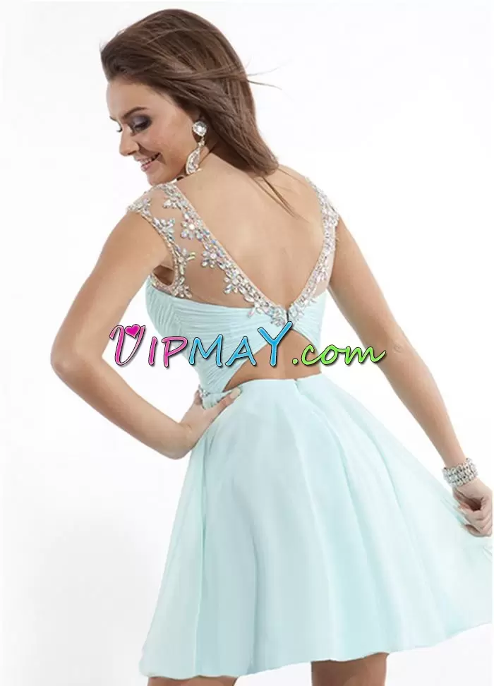 High Quality Sleeveless Chiffon Mini Length Backless Prom Evening Gown in White with Beading