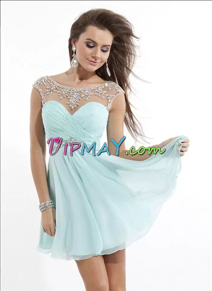 High Quality Sleeveless Chiffon Mini Length Backless Prom Evening Gown in White with Beading