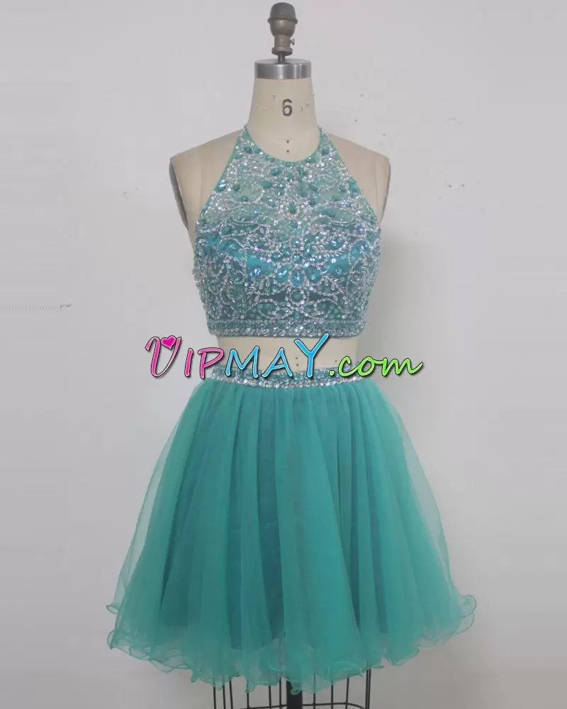 Fashionable Tulle Halter Top Sleeveless Backless Beading in Turquoise