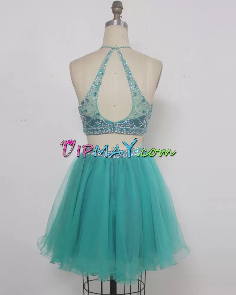 Fashionable Tulle Halter Top Sleeveless Backless Beading in Turquoise