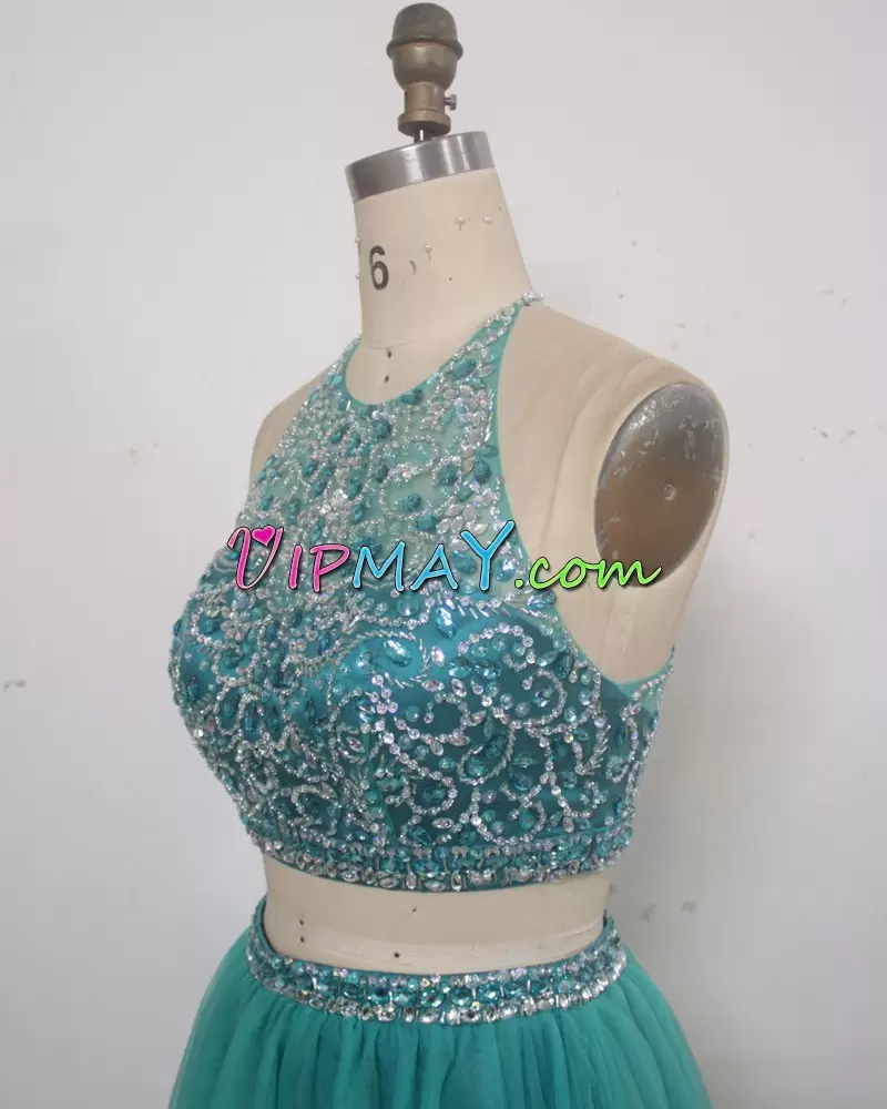 Fashionable Tulle Halter Top Sleeveless Backless Beading in Turquoise