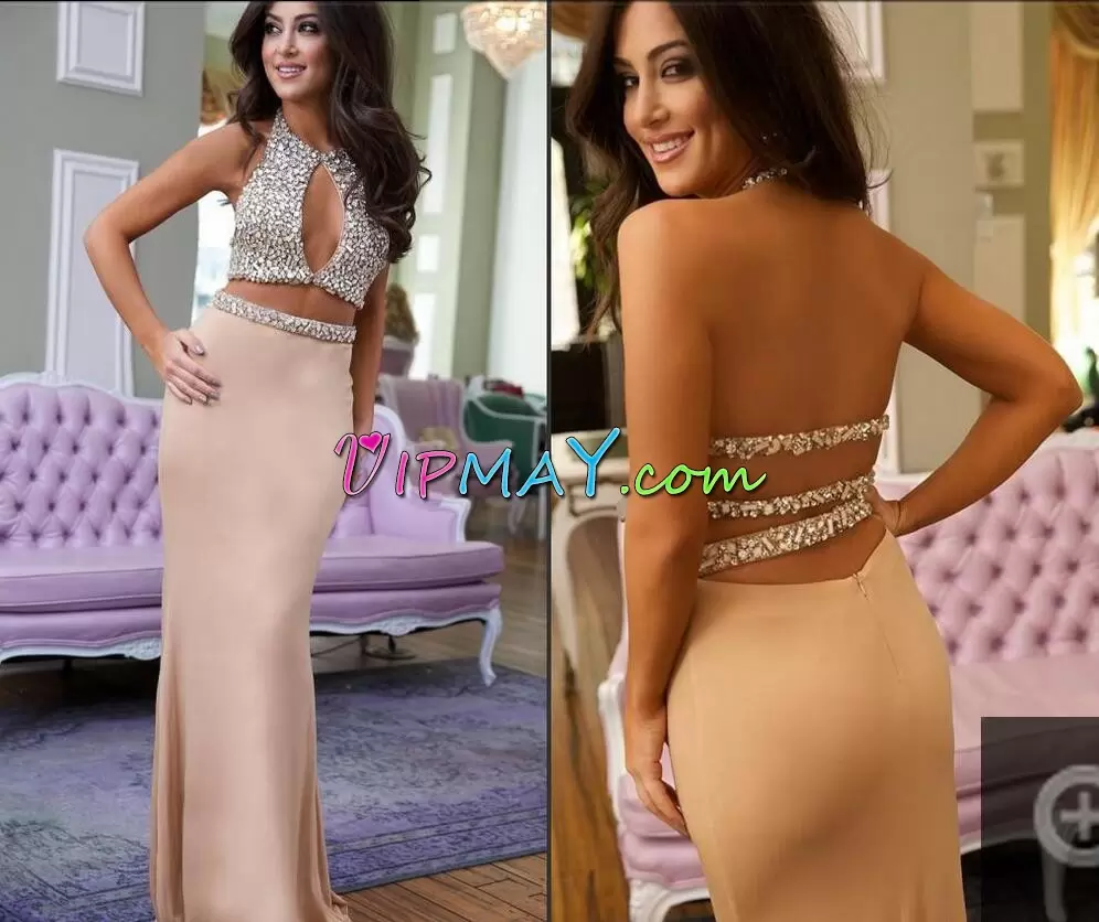 Champagne Halter Top Neckline Beading Junior Homecoming Dress Sleeveless Zipper