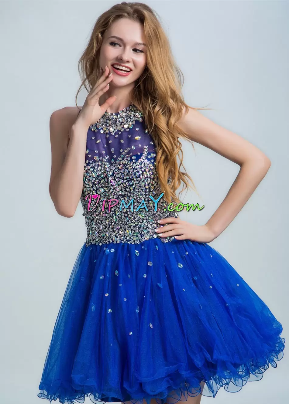 Custom Fit Mini Length Royal Blue Prom Dresses Scoop Sleeveless Backless