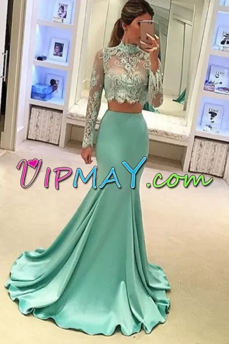 Sexy High-neck Long Sleeves Sweep Train Lace Up Prom Dress Apple Green Satin Lace