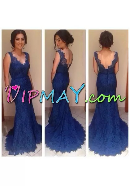 Mermaid Sleeveless V-neck Lace Backless Royal blue Prom Dress