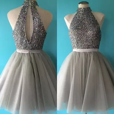 Grey A-line Halter Top Sleeveless Tulle Mini Length Beading