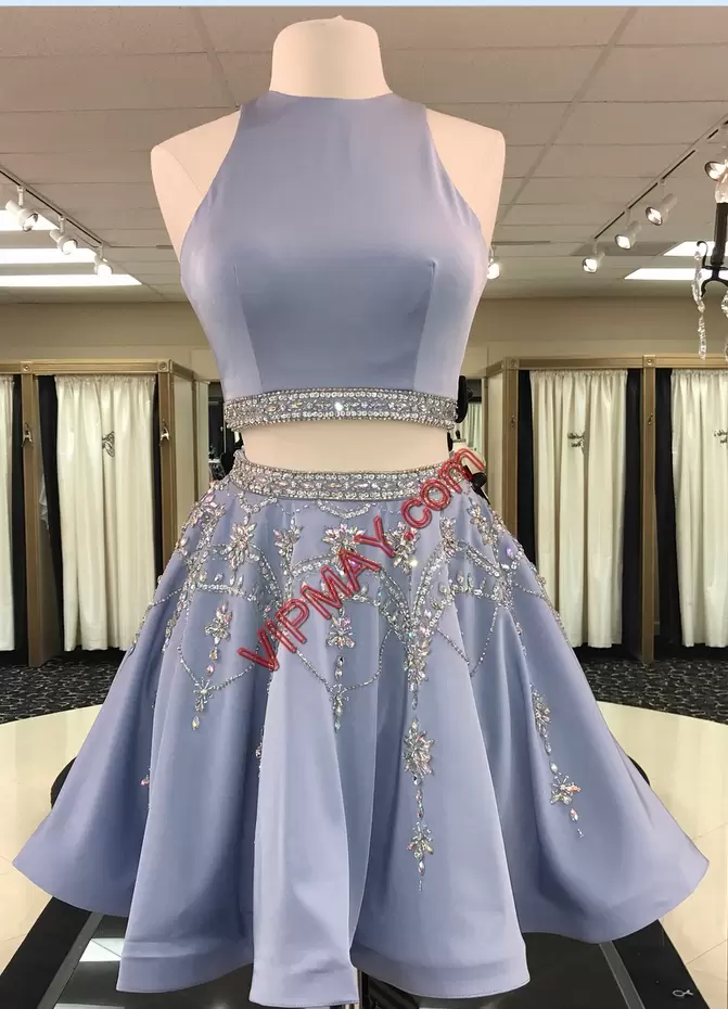 Luxurious Sleeveless Satin Mini Length Prom Party Dress in Light Blue with Beading