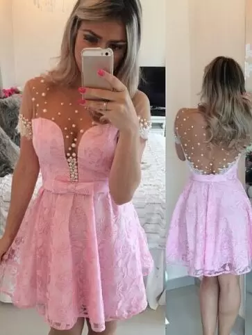 Sumptuous Mini Length Pink Homecoming Dresses Scoop Short Sleeves Side Zipper