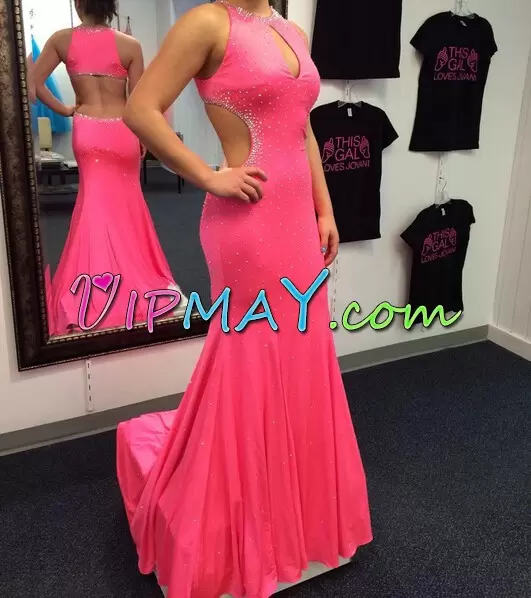 Free and Easy Watermelon Red A-line V-neck Sleeveless Floor Length Lace Up Beading Prom Dress